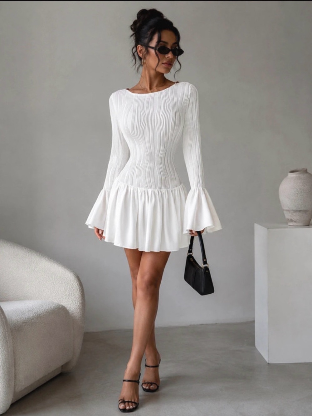 Elegant White Long-Sleeve Ruffle Hem Dress